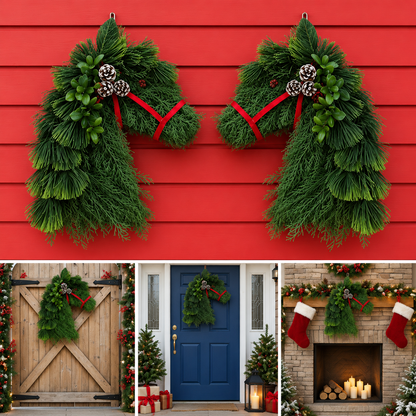 Horse Head Christmas Wreath – Evergreen Holiday Door Decor with Red Bridle & Pinecones