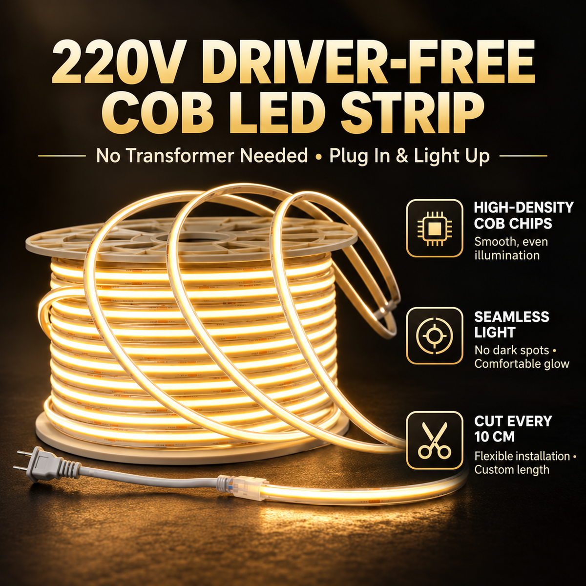 220V Driver-Free COB LED Strip Light Plug In & Light Up with Smooth, Seamless Illumination