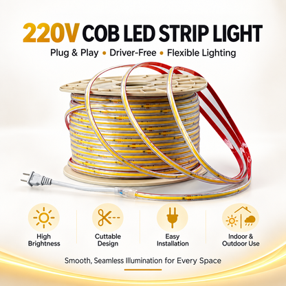 220V Driver-Free COB LED Strip Light Plug In & Light Up with Smooth, Seamless Illumination