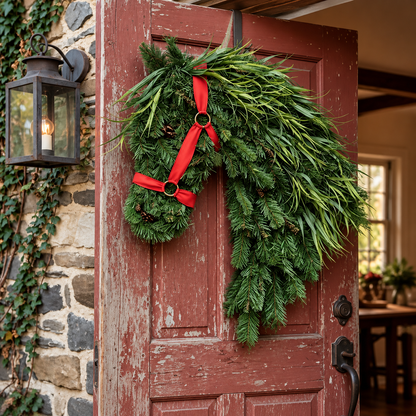 Horse Head Christmas Wreath – Evergreen Holiday Door Decor with Red Bridle & Pinecones