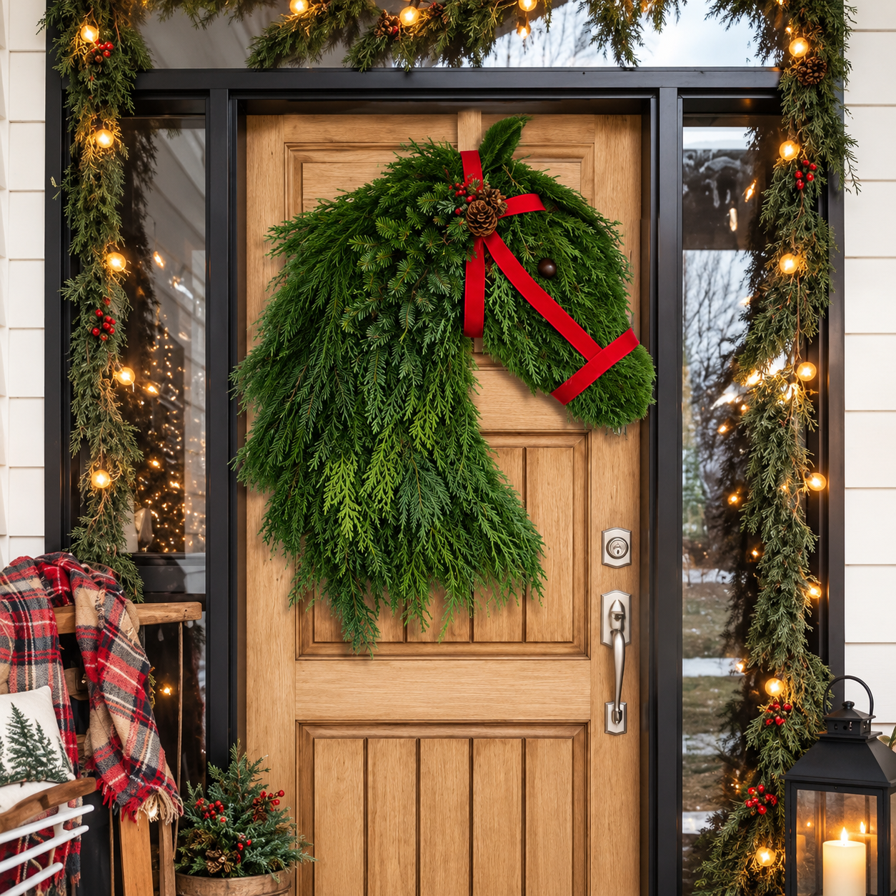 Horse Head Christmas Wreath – Evergreen Holiday Door Decor with Red Bridle & Pinecones