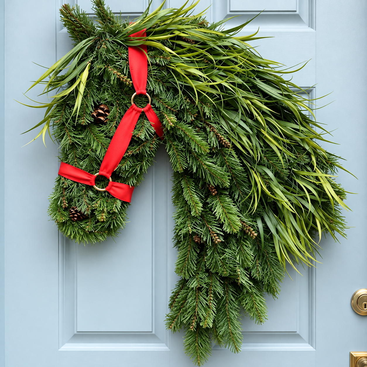 Horse Head Christmas Wreath – Evergreen Holiday Door Decor with Red Bridle & Pinecones