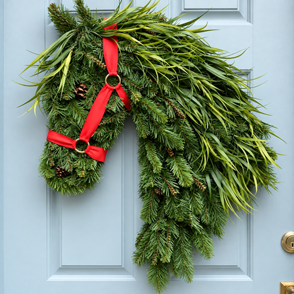 Horse Head Christmas Wreath – Evergreen Holiday Door Decor with Red Bridle & Pinecones