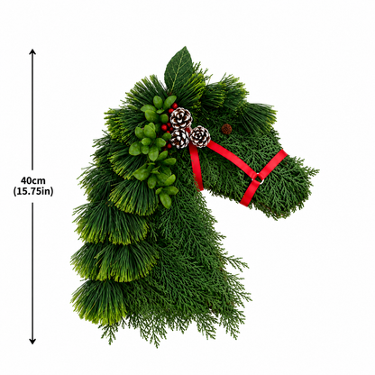 Horse Head Christmas Wreath – Evergreen Holiday Door Decor with Red Bridle & Pinecones