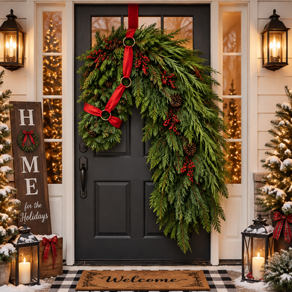 Horse Head Christmas Wreath – Evergreen Holiday Door Decor with Red Bridle & Pinecones