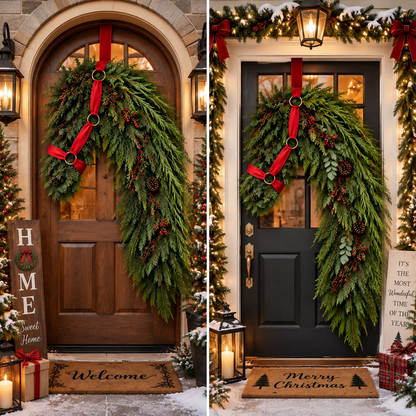 Horse Head Christmas Wreath – Evergreen Holiday Door Decor with Red Bridle & Pinecones