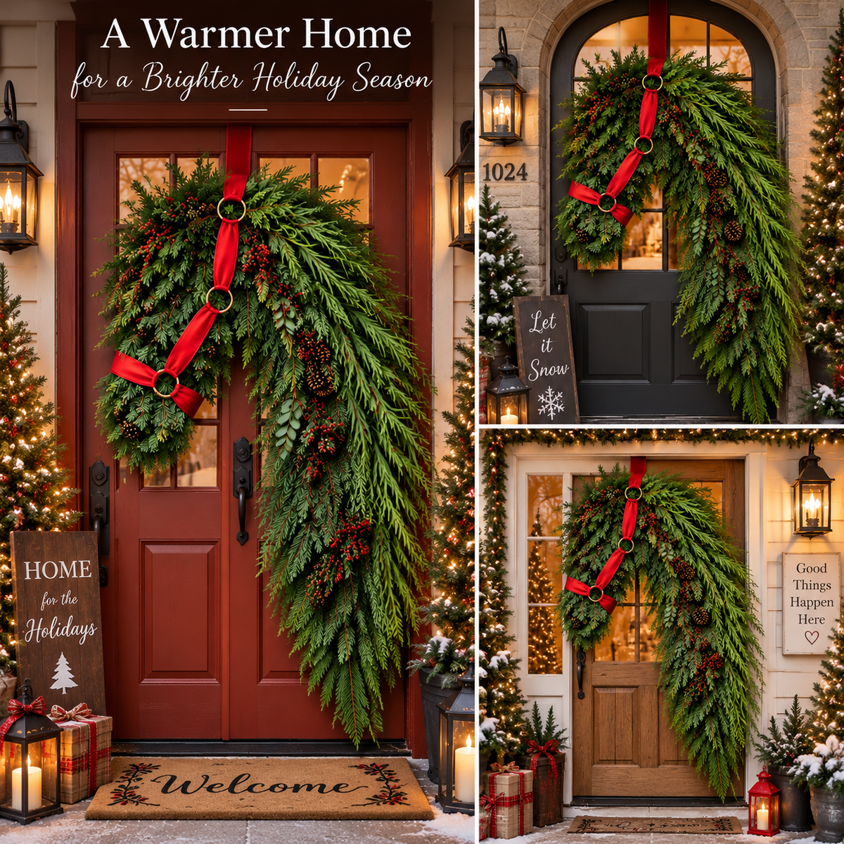 Horse Head Christmas Wreath – Evergreen Holiday Door Decor with Red Bridle & Pinecones